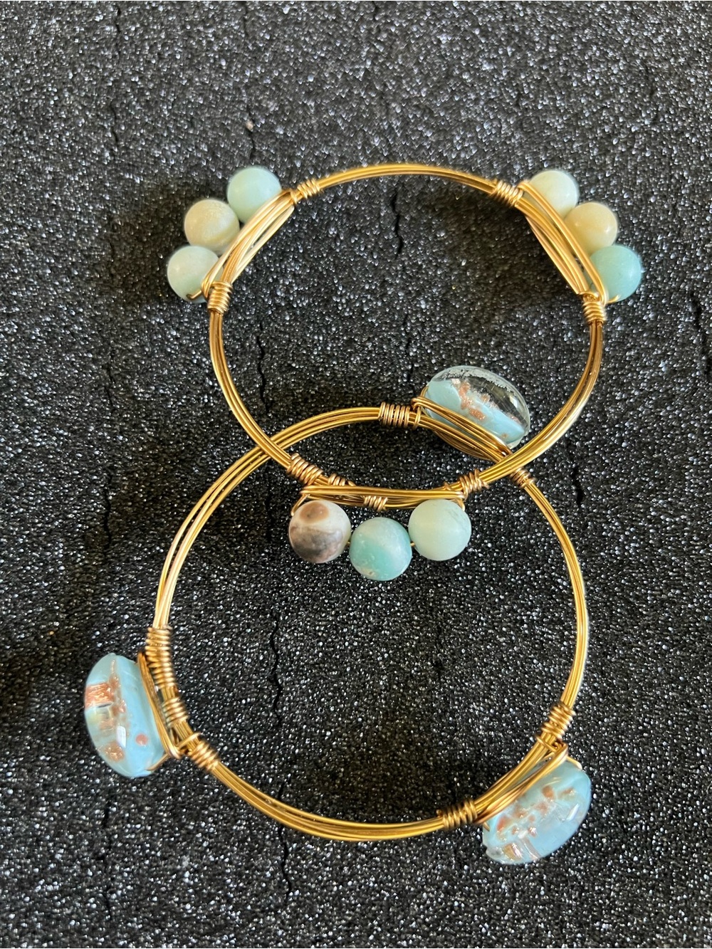 Gold Toned Wire Wrapped Blue Gemstone Bracelets Set of 2